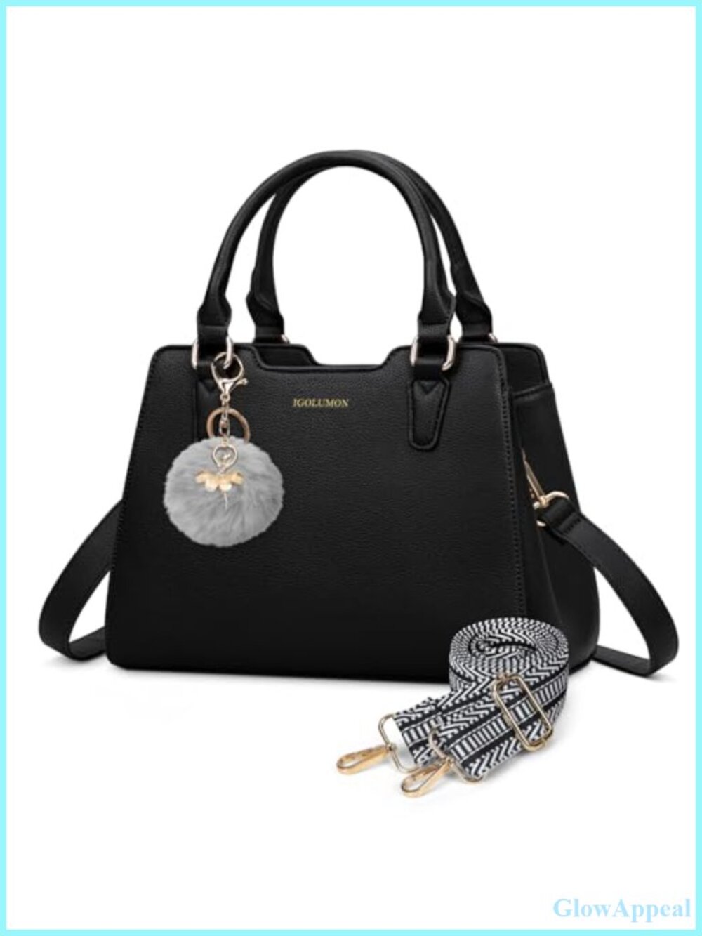 Women's PU Vegan Leather Satchel Top-Handle Handbag Removable Pompom Tote Purse